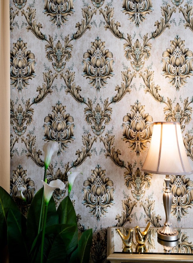 wolpin Non-Woven Wallpaper Non-Adhesive (53 x 950 CM) (Floral Design) | Ornate Embossed Floral Design Wallpaper with Texture and Shine | Beige & Aqua Wall Covering 54.18 Sq Ft - Image 3